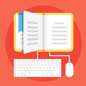 A laptop with mouse and keyboard with the screen of laptop resembling an open book